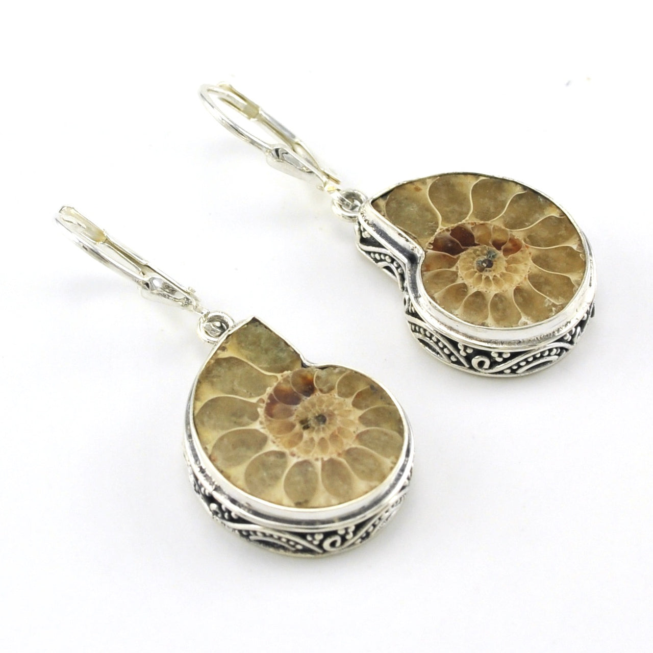 Sterling Silver Ammonite Bali Dangle Earrings