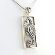Side View Sterling Silver Mother of Pearl Seahorse Rectangle Pendant