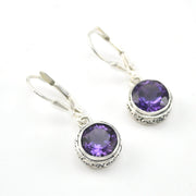 Silver Amethyst 8mm Round Bali Dangle Earrings