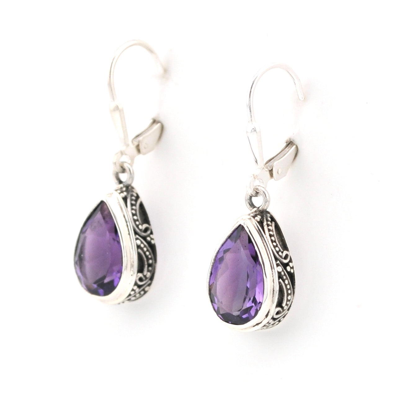 Sterling Silver Amethyst 8x12mm Tear Bali Dangle Earrings