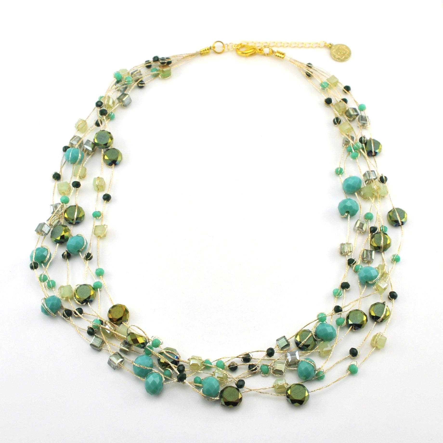 Japanese Silk 7 Strand Turquoise Crystal 16-18" Necklace