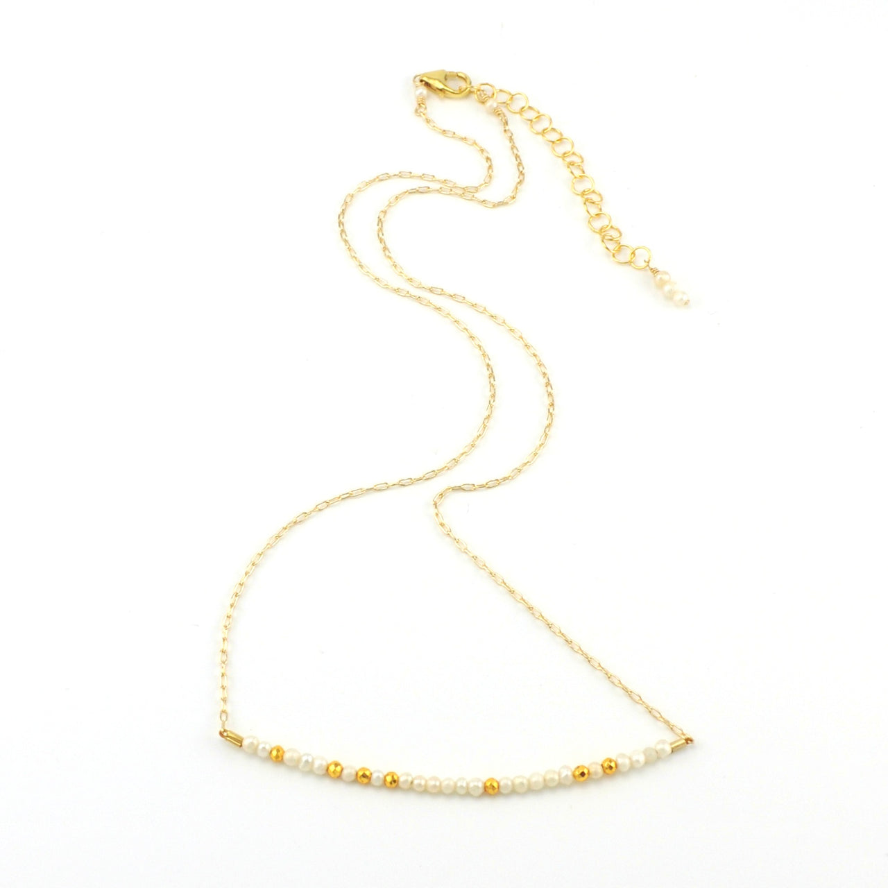 14k Gold Fill Seed Pearl and Gold Pyrite Bar Necklace