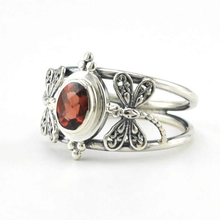 Side View Sterling Silver Garnet 5x7mm Oval Dragonfly Ring 