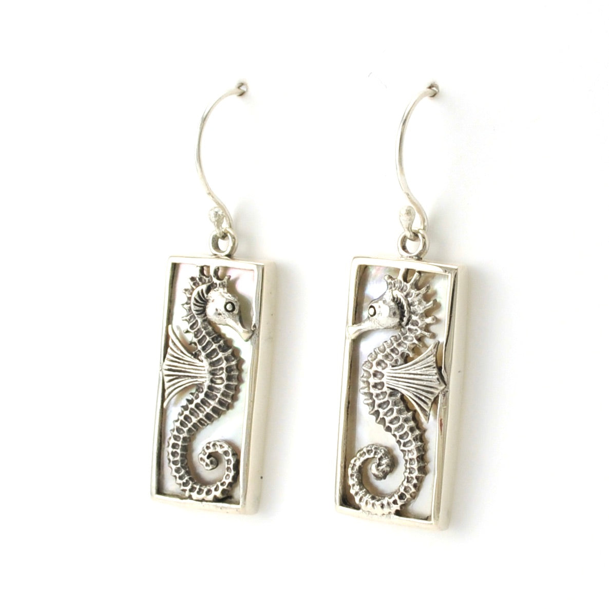 Side View Sterling Silver Mother of Pearl Seahorse Rectangle Earrings