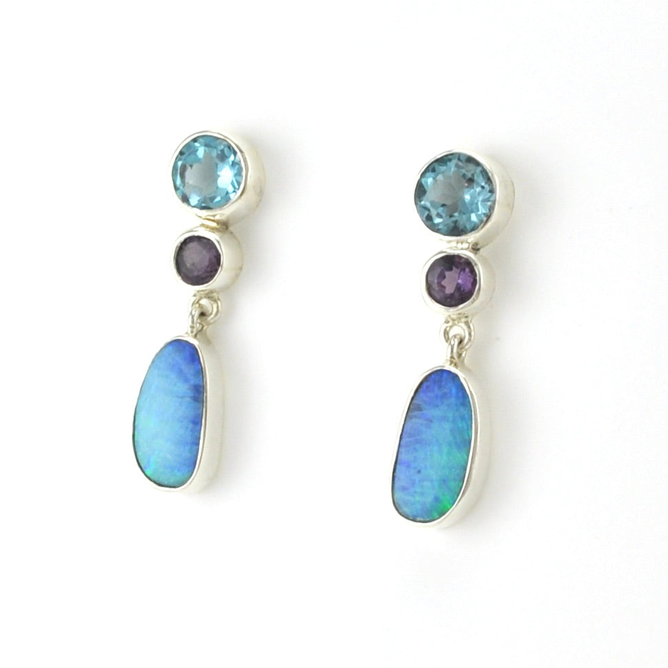 Sterling Silver Amethyst Topaz Opal Post Dangle Earrings