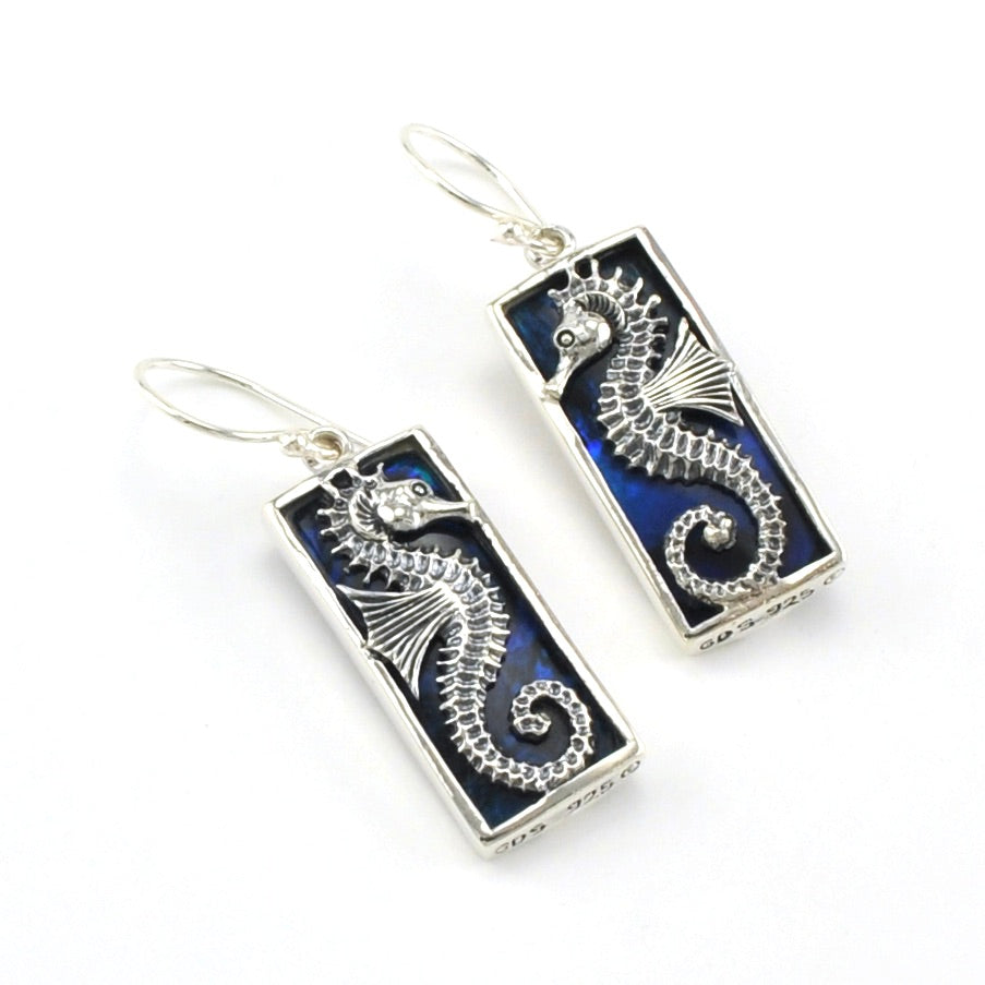 Sterling Silver Blue Abalone Seahorse Rectangle Earrings