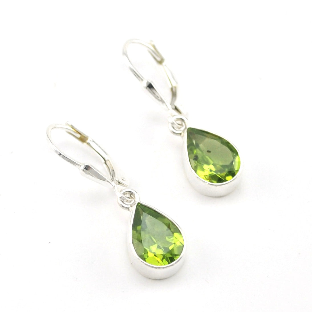 Silver Peridot 7x10mm Tear Dangle Earrings