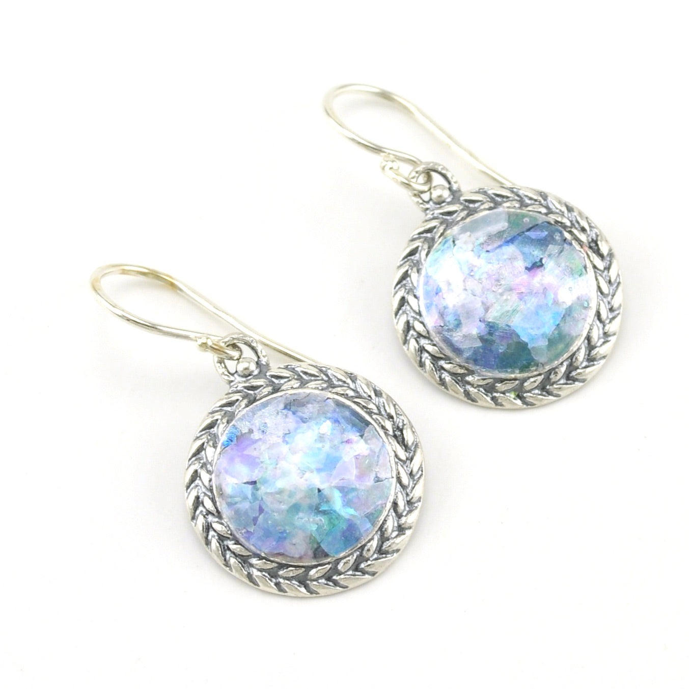 Sterling Silver Roman Glass Round Dangle Earrings