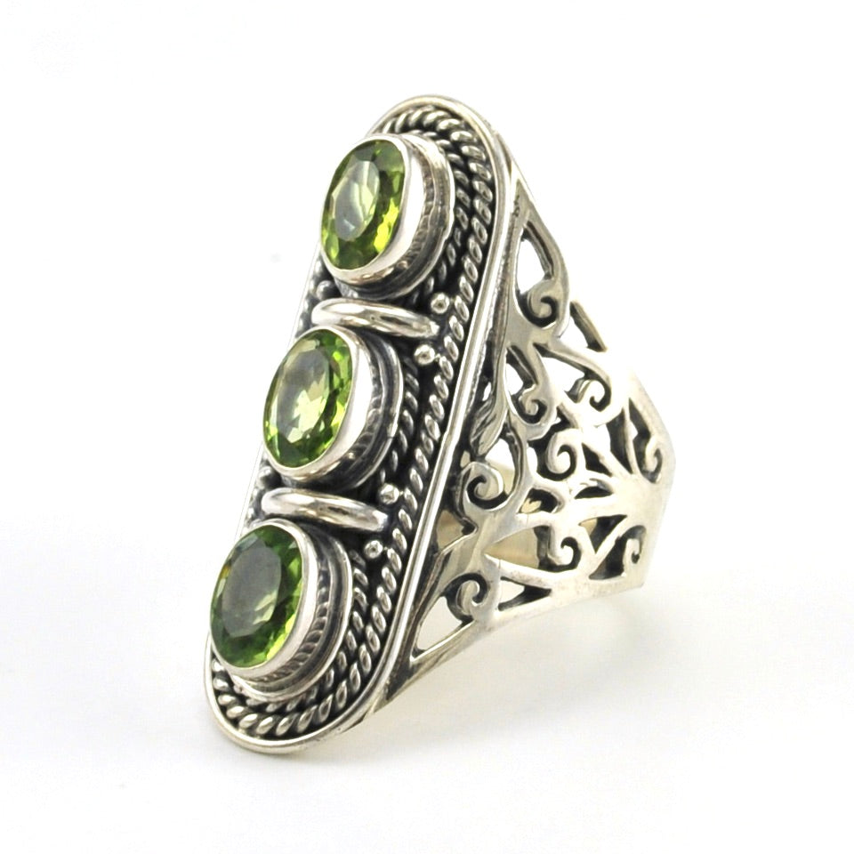 Sterling Silver Peridot 3 Oval Bali Ring