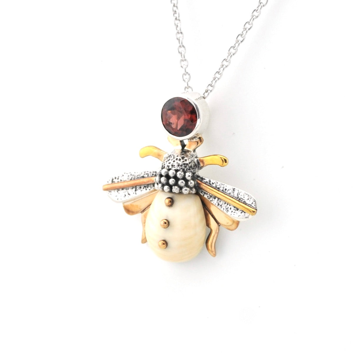 Sterling Silver Fossil Ivory Garnet Bee Necklace