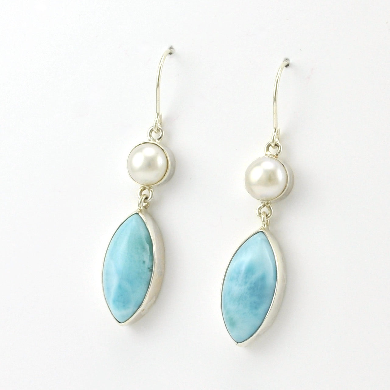 Side View Sterling Silver Pearl Larimar Earrings