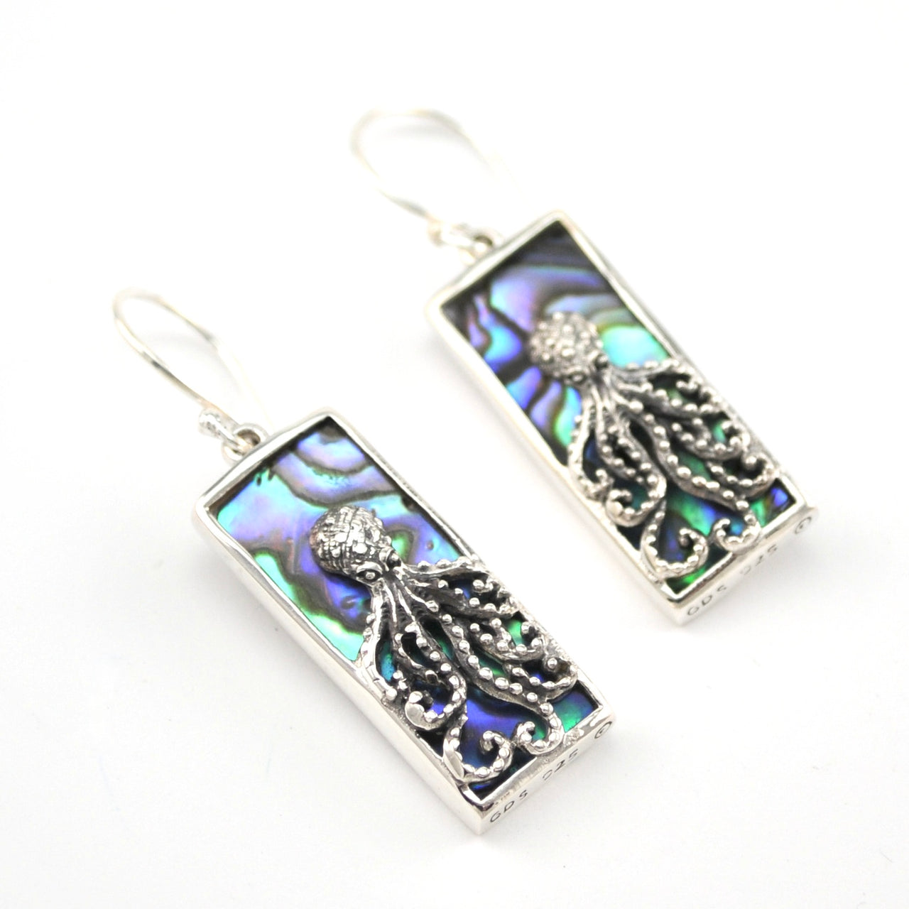 Silver Abalone Octopus Rectangle Dangle Earrings