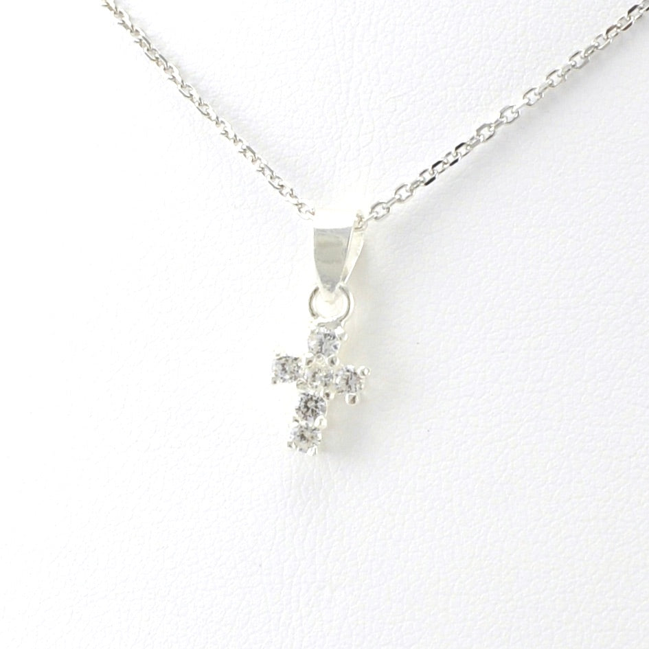 Side View Sterling Silver Cubic Zirconia Small Cross Necklace