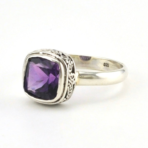 Sterling Silver Amethyst 8mm Square Bali Ring