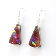 Side View Silver Dichroic Glass Red Rainbow Fan Dangle Earrings