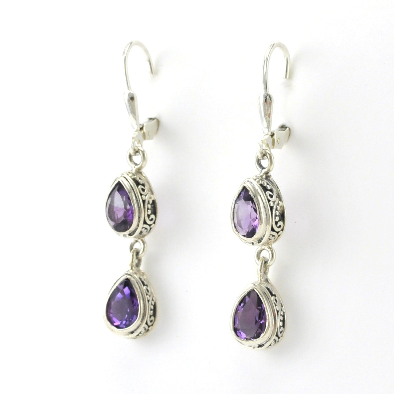Sterling Silver Amethyst 2 Tear Bali Dangle Earrings