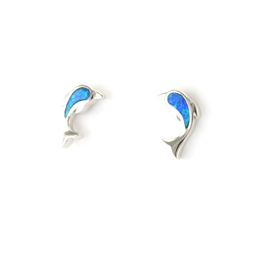 Sterling Silver Created Opal Dolphin Post Earrings