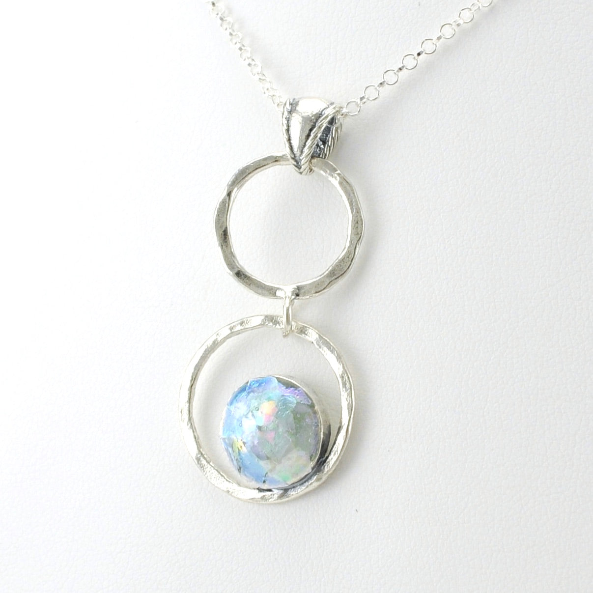 Side View Sterling Silver Roman Glass Double Circle Necklace