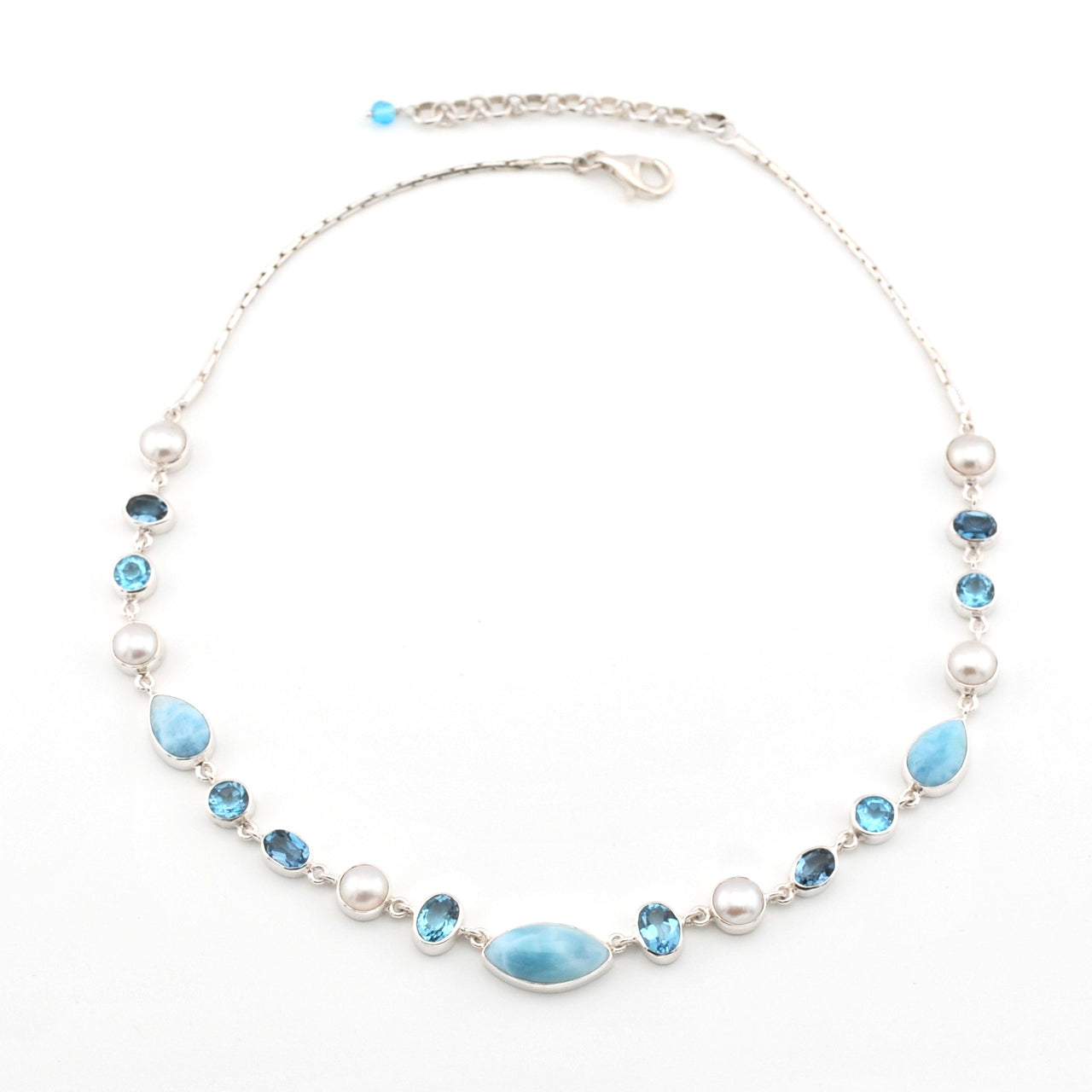 Sterling Silver Larimar Topaz and Pearl Necklace