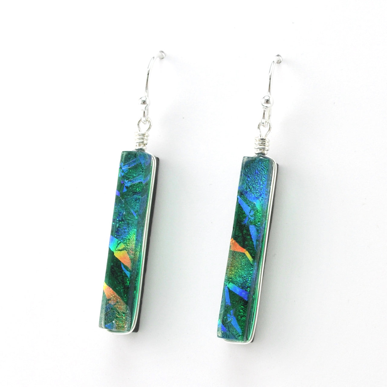 Side View Dichroic Glass Rainbow Green Rectangular Earring