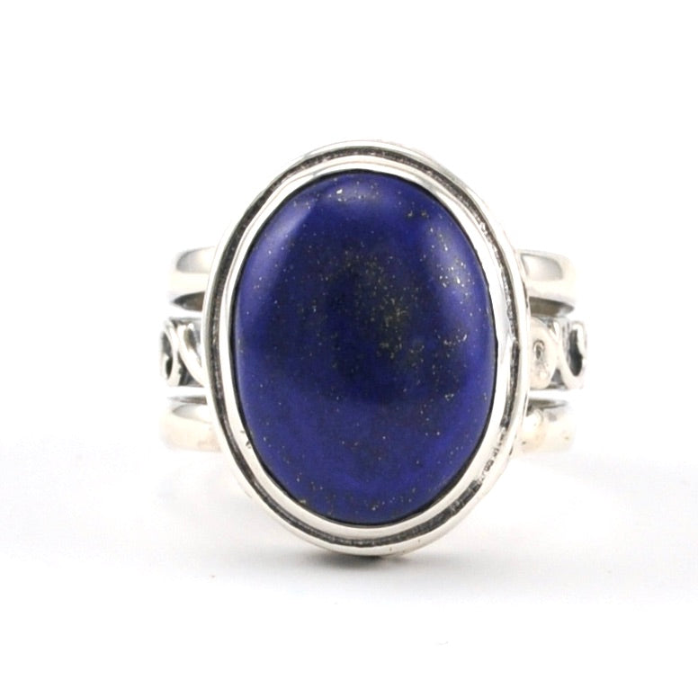 Sterling Silver Lapis 12x16mm Oval Bali Ring