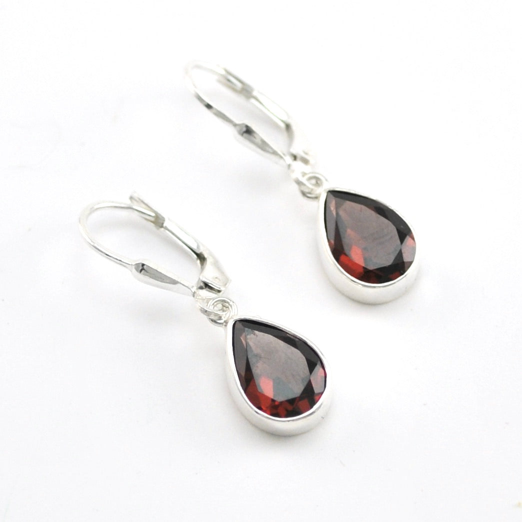 Silver Garnet 7x10mm Teardrop Dangle Earrings