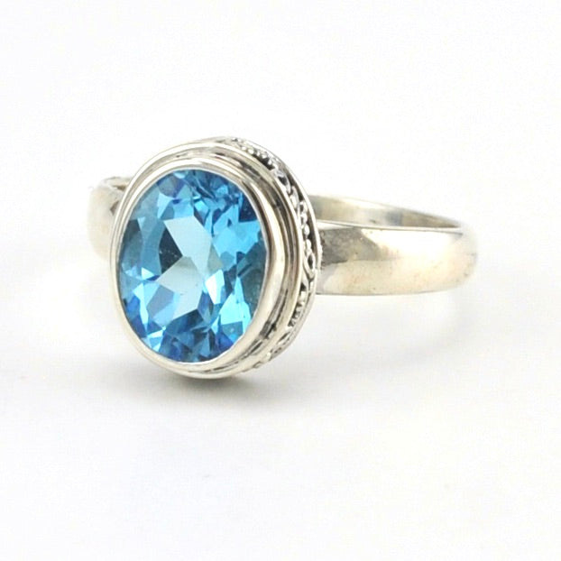 Sterling Silver Blue Topaz 7x9mm Oval Bali Ring