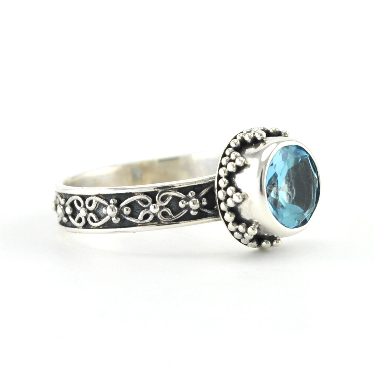 Side View Sterling Silver Blue Topaz 7mm Round Bali Ring