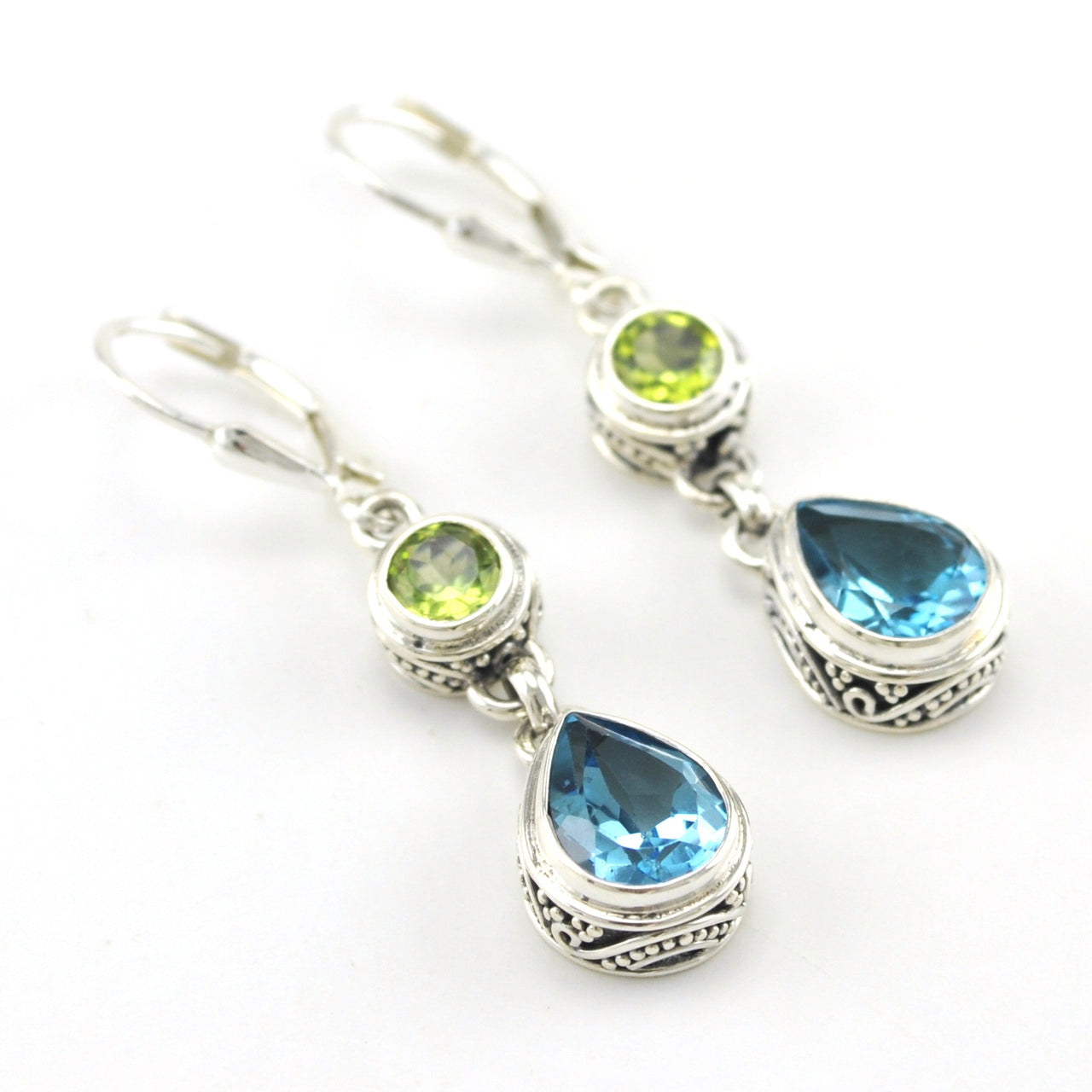 Sterling Silver Peridot Round Blue Topaz Tear Bali Earrings