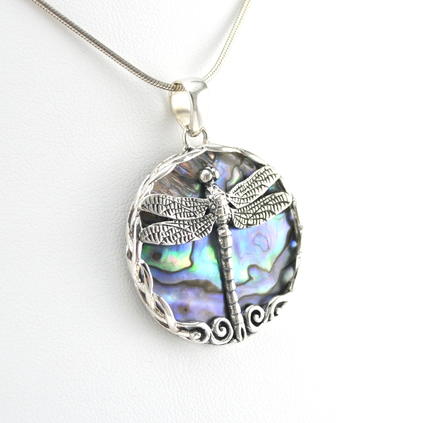 Side View Silver Abalone Dragonfly Pendant