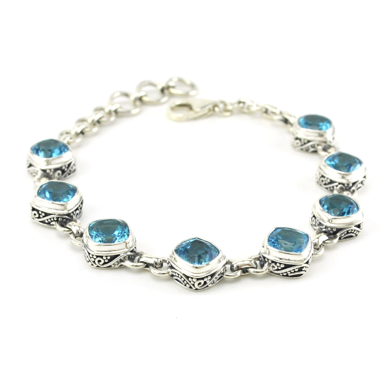 Alt View Sterling Silver Blue Topaz Square Bali Link Bracelet