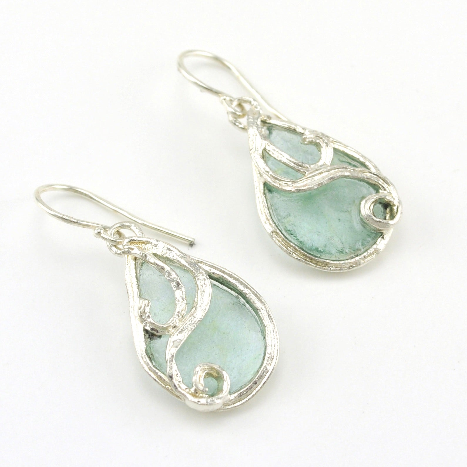 Sterling Silver Roman Glass Teardrop Swirl Dangle Earrings