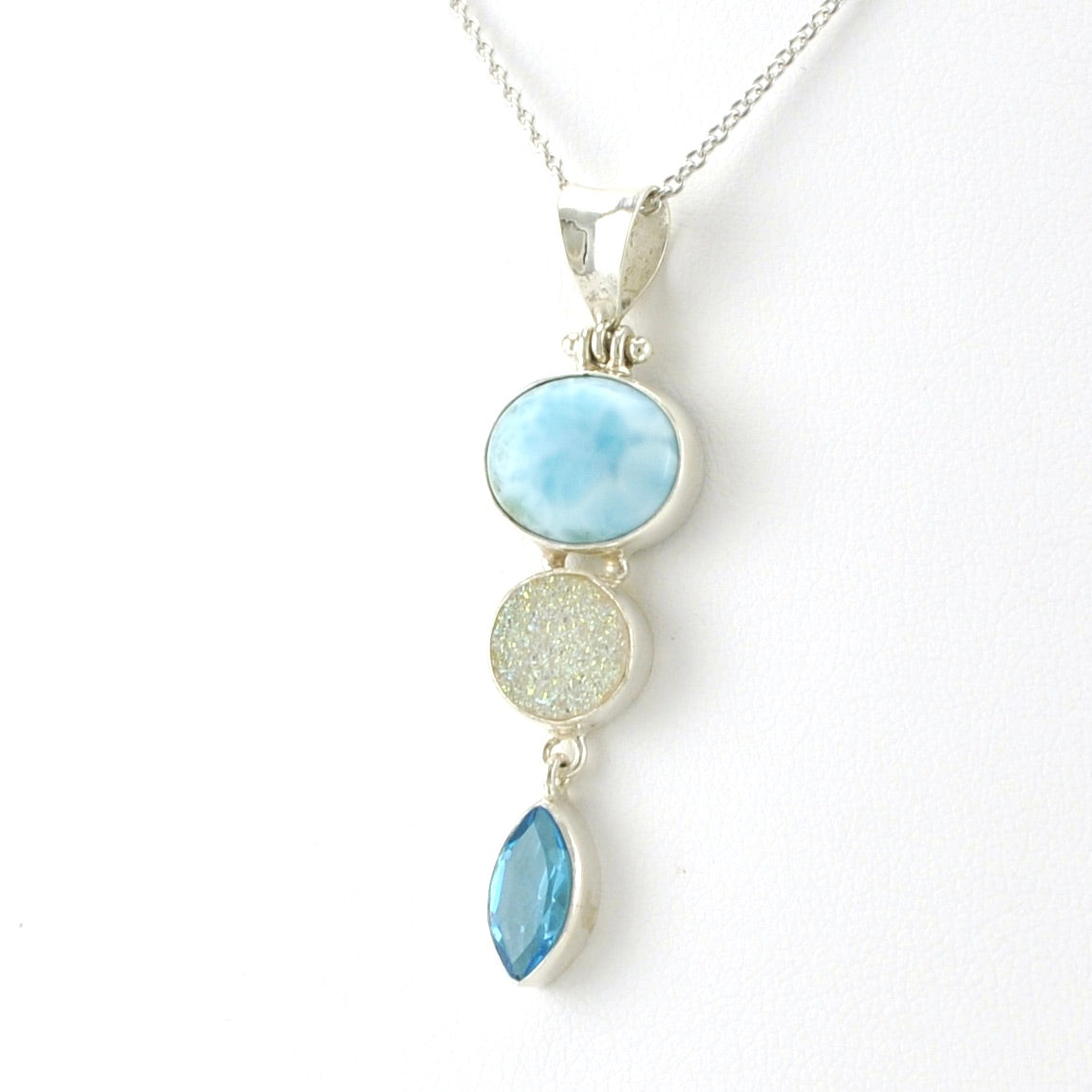 Side View Sterling Silver Larimar Druzy Agate Topaz Necklace