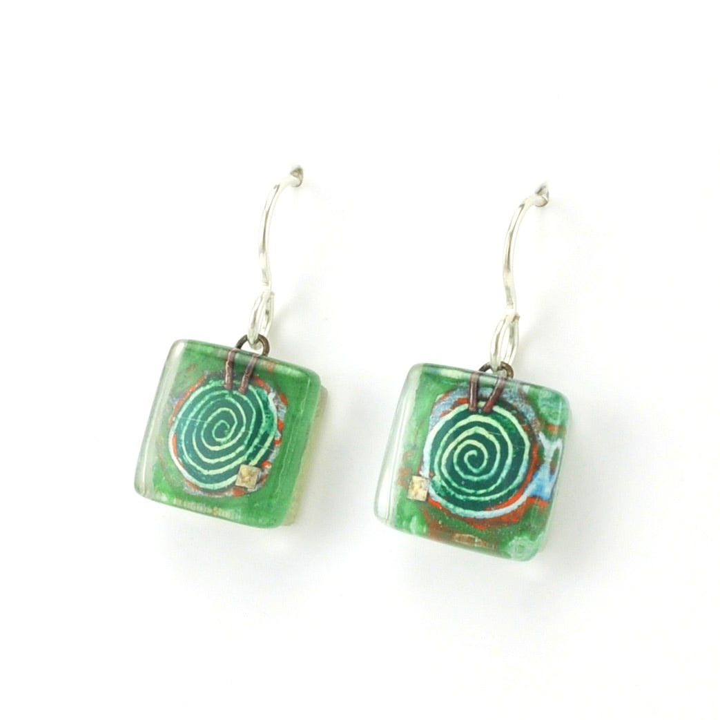 Side View Glass Green Mesmer Square Earrings