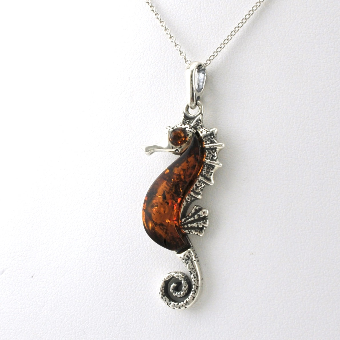 Side View Sterling Silver Amber Seahorse Necklace
