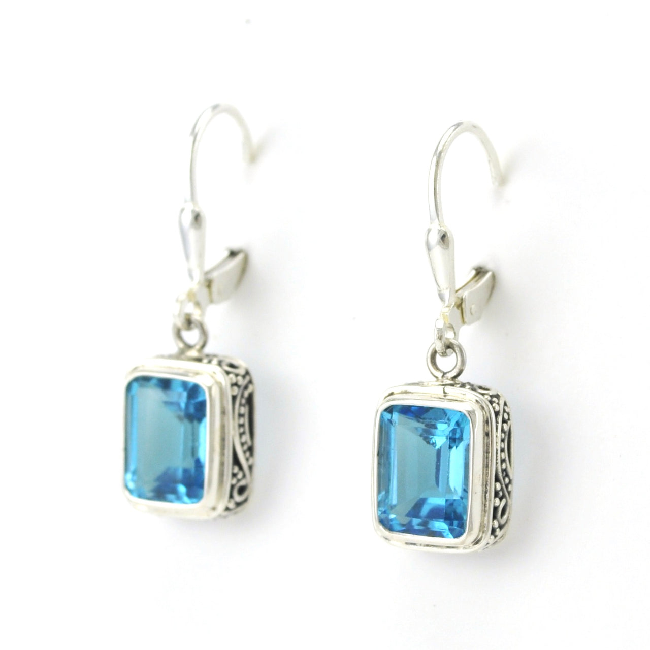 Side View Sterling Silver Blue Topaz 7x9mm Rectangle Bali Dangle Earrings