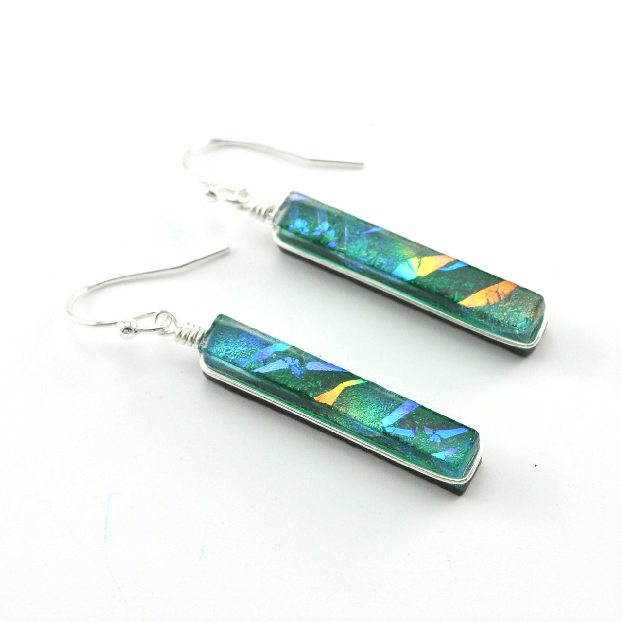 Dichroic Glass Rainbow Green Rectangular Earring