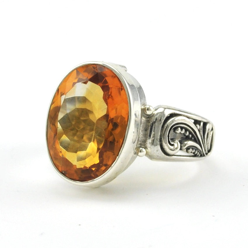 Silver Citrine 11x15mm Oval Bali Ring