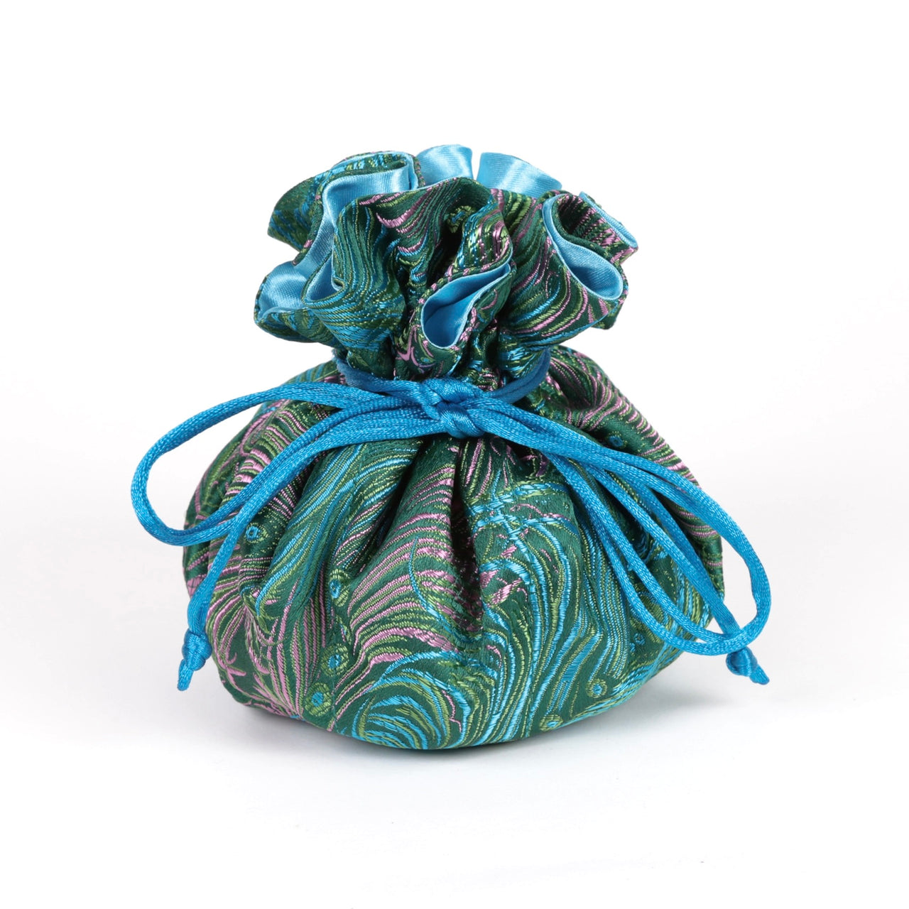 Peacock Feather Brocade Jewelry Pouch Teal Green and Pink