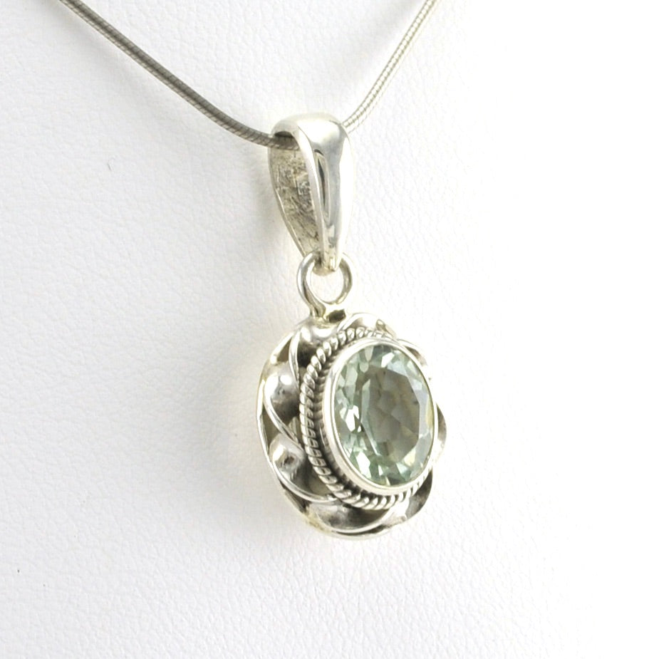 Side View Sterling Silver Green Amethyst 7x9mm Oval Pendant