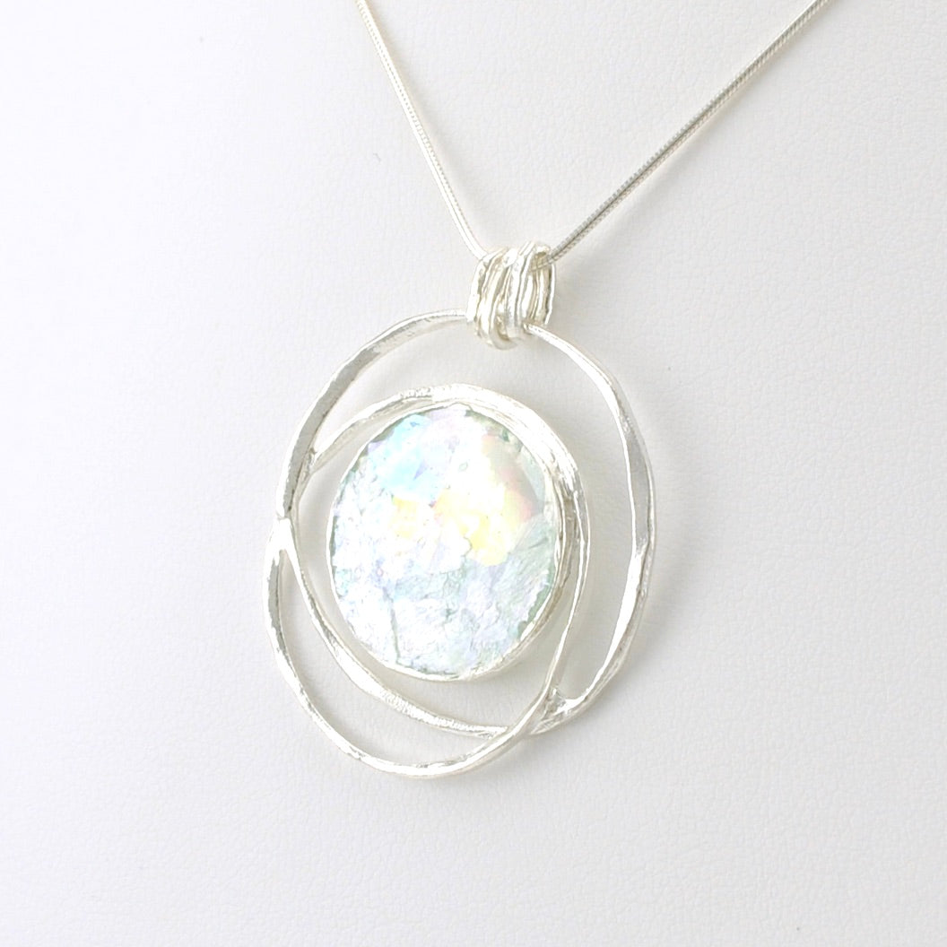 Side View Sterling Silver Roman Glass Spiral Circle Necklace