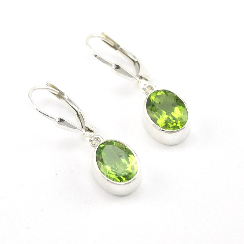 Silver Peridot 7x9mm Oval Dangle Earrings