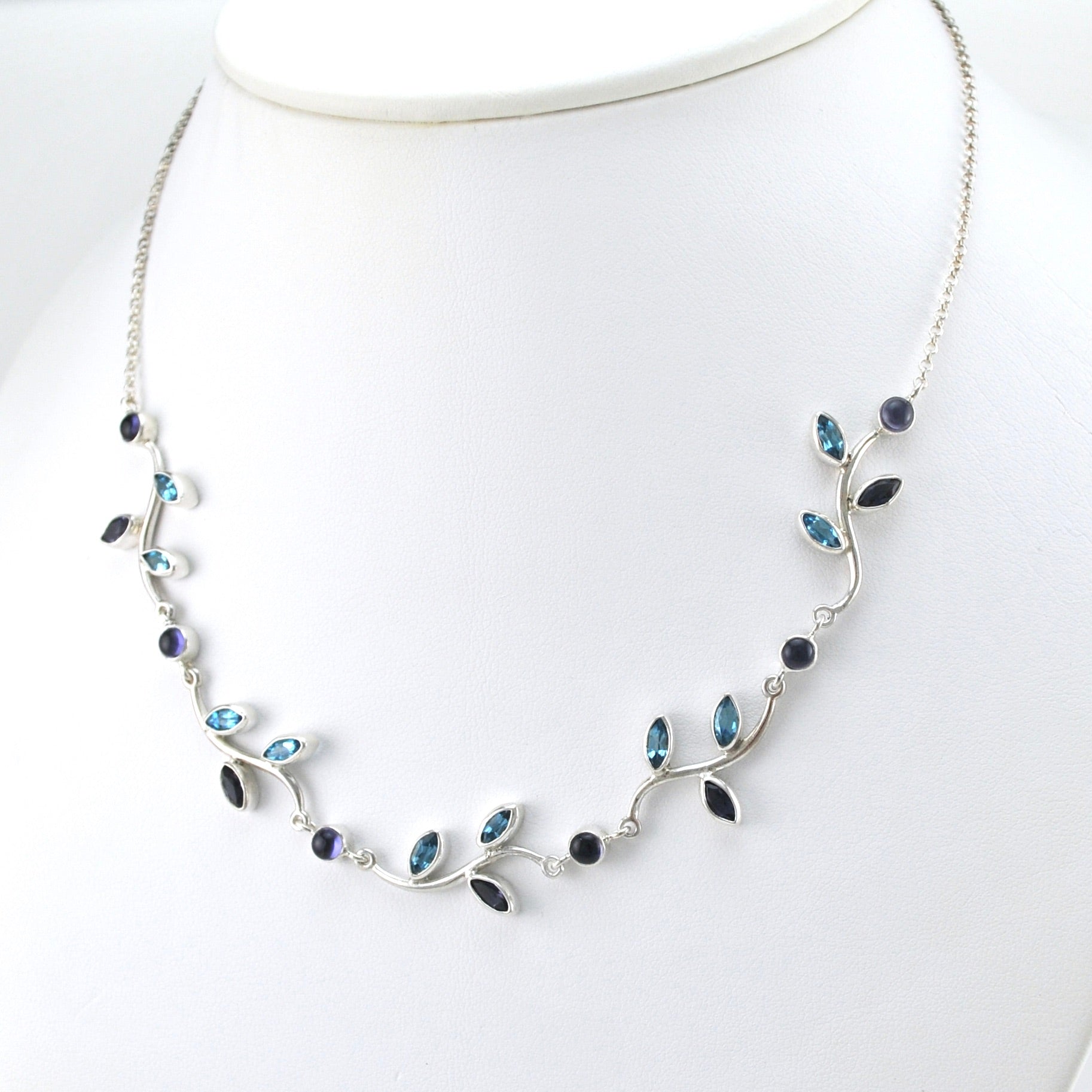 Side View Silver Iolite Blue Topaz Branch Adjustable Necklace