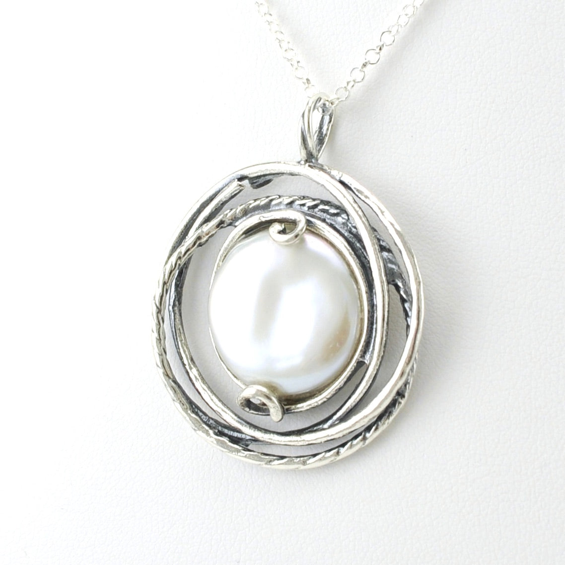 Side View Sterling Silver Coin Pearl in Swirl Setting Necklace