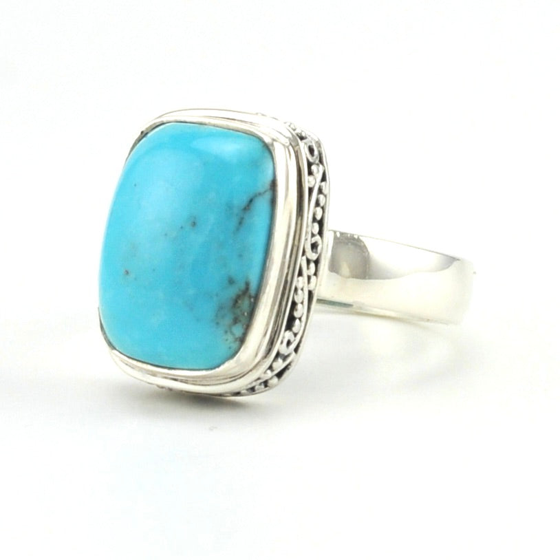 Sterling Silver Arizona Turquoise 11x14mm Rect Bali Ring