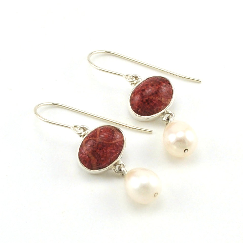 Sterling Silver Red Coral Pearl Earrings