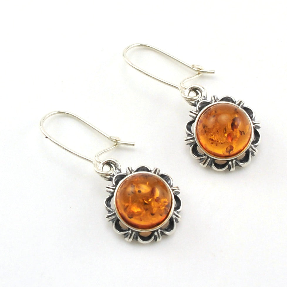 Sterling Silver Baltic Amber Round Dangle Earrings