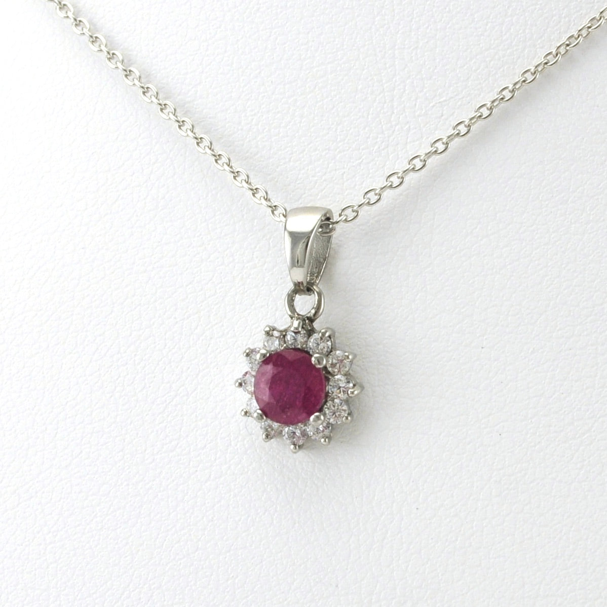 Side View Sterling Silver Ruby CZ Halo Necklace