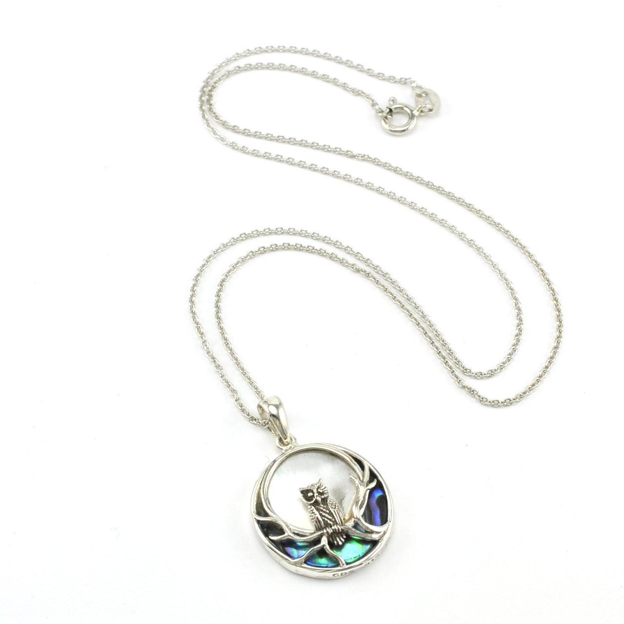 Sterling Silver Owl in the Moon Light with Shell Necklace