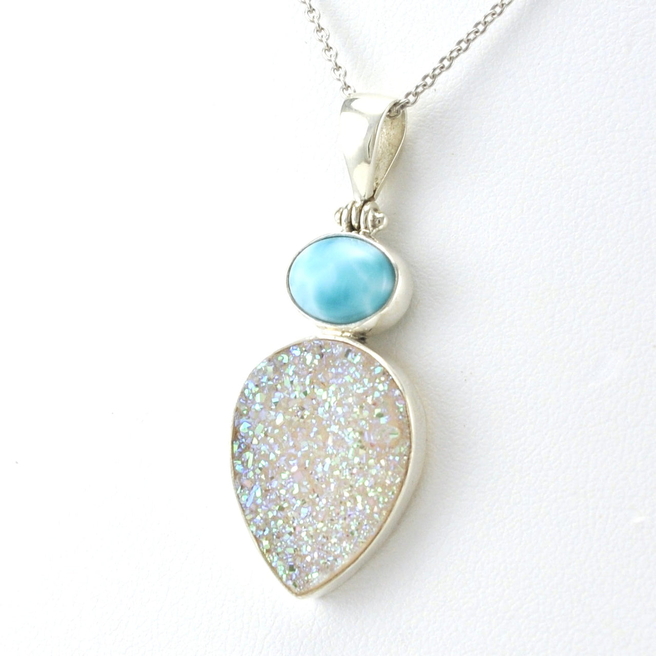 Side View Sterling Silver Larimar Druzy Agate Necklace
